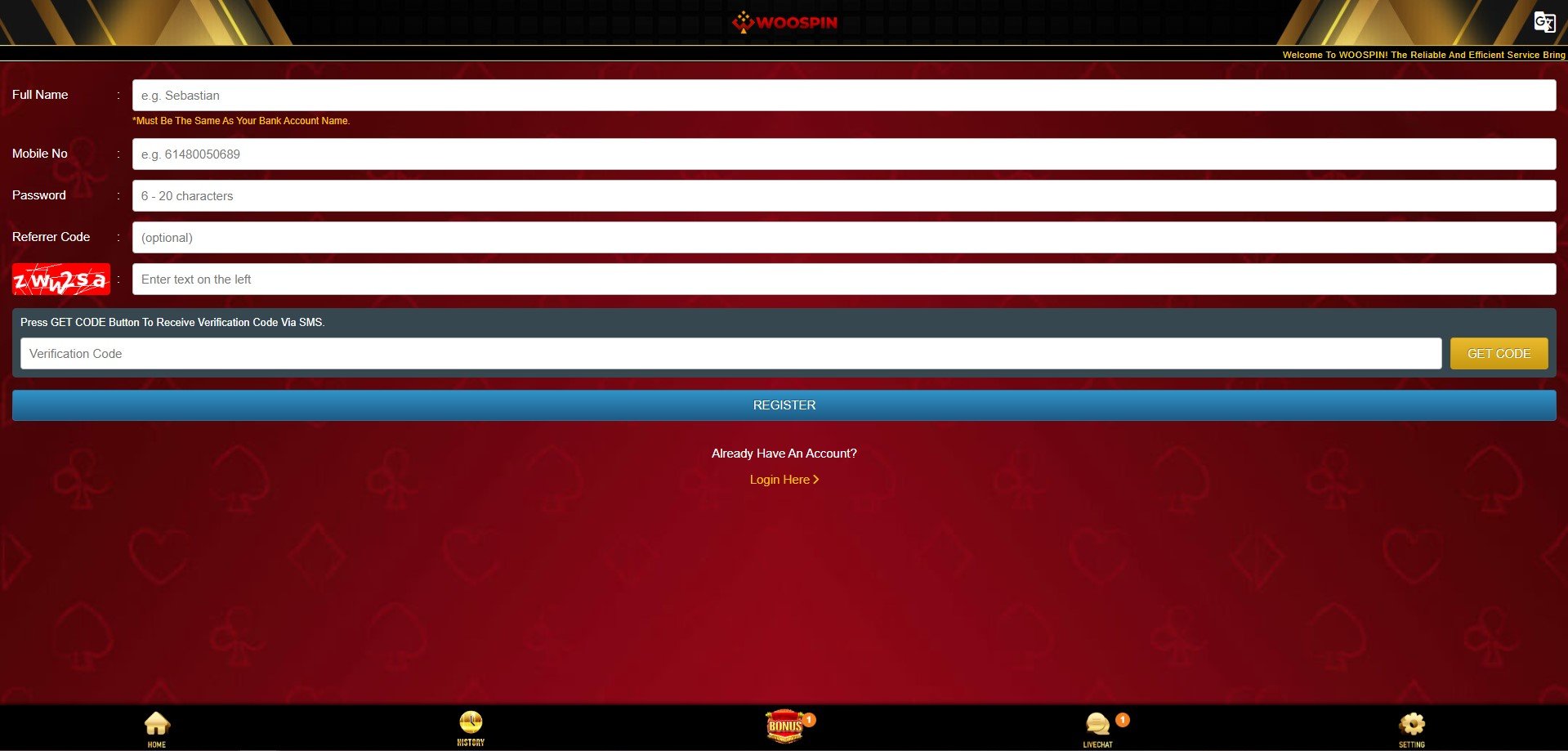 WooSpin live casino screenshot